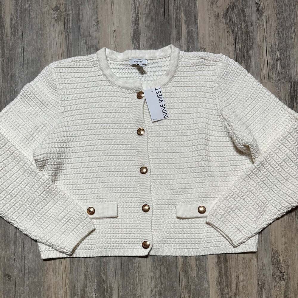 Nine West Cream Button Front Cardigan Sweater Women’s PXL Gold Buttons